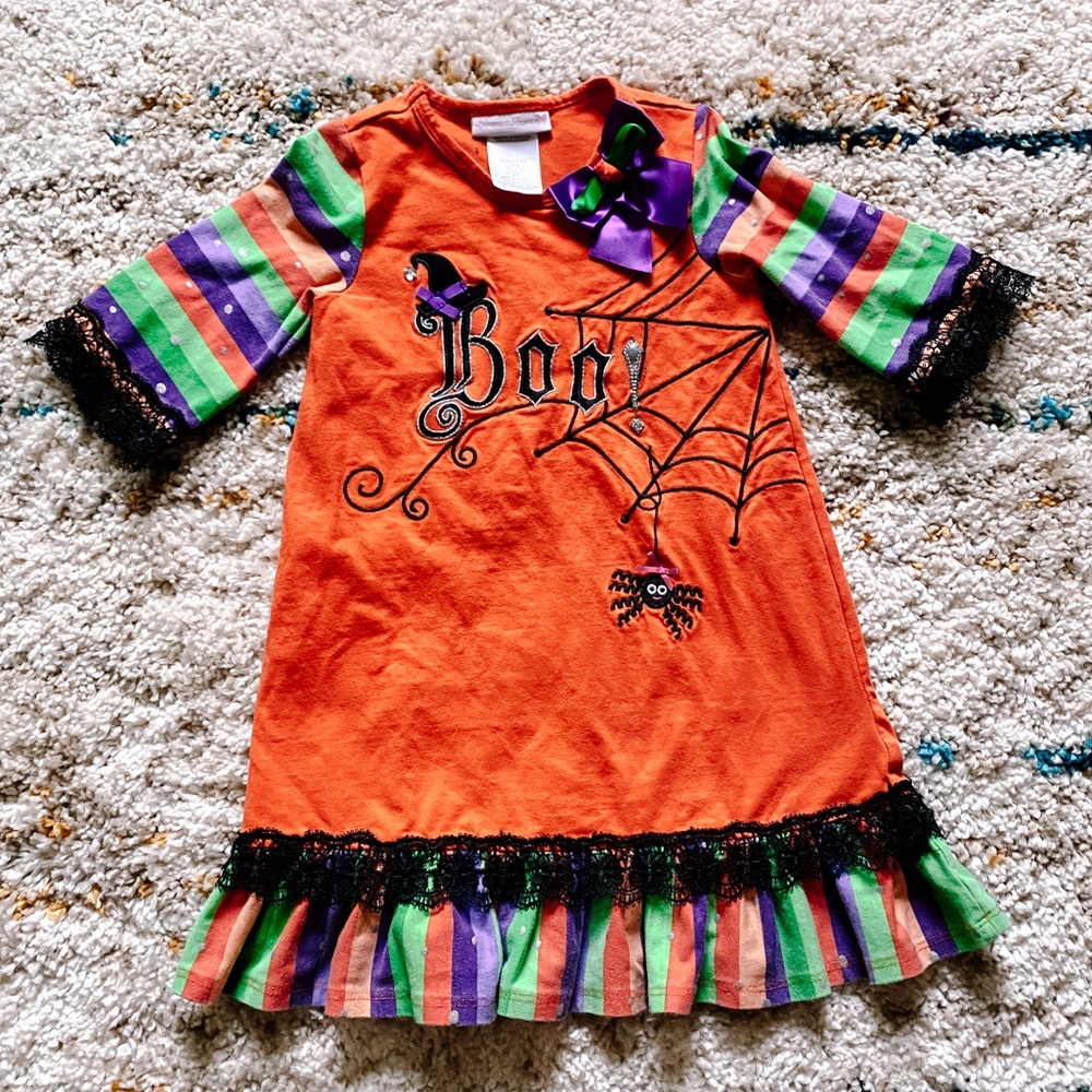 Orange Boo Halloween Dress with Striped Sleeves 4T